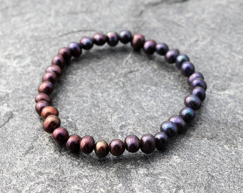 June birthstone copper purple and blue pearl stretch bracelet with golden blue freshwater potato pearls 7 wrist