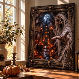 Könnte beinhalten: Ein gerahmtes Wandbild mit einer gruseligen Szene, die einen schreienden Geist, eine schwarze Katze, leuchtende Kürbisse und ein Spukhaus unter einem Vollmond zeigt. Der Rahmen ist dunkel, kunstvoll und mit Totenkopfmotiven verziert.