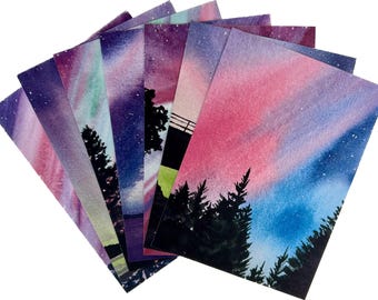Maine Northern Lights Notecards Set - Blank Notecards - Coastal Maine Art Notecards - Variety Set of 6