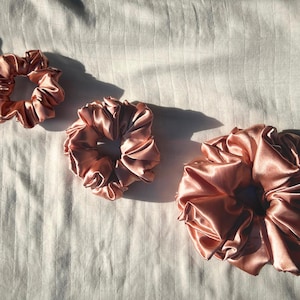 Bronzed Babe Satin Scrunchie | Golden Tan Hair Tie | Soft Satin for All Hair Types | Small Medium Large | Neutral No-Crease Hair Accessory