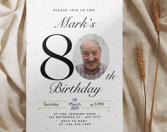 Può includere: Un invito di compleanno bianco con pois dorati. L'invito dice "Si prega di unirsi a noi per l'80° compleanno di Mark" con una foto di un uomo al centro. L'invito include la data, l'ora e il luogo della festa.
