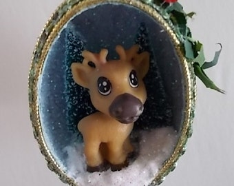 Large Baby Deer with Trees Green Egg Shell Christmas Ornament