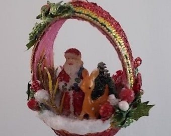 Santa With Deer in Christmas Basket Egg Ornament