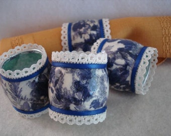 Decoupage Blue and White Duck Egg Shell Napkin Ring Holders Set of 4