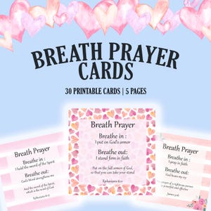 Puede incluir: Juego de "Tarjetas de oración de respiración" imprimibles con un fondo azul claro y corazones de acuarela. Las tarjetas presentan texto inspirador, incluidos versículos bíblicos de Efesios y Santiago.