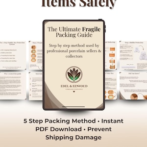 Op de afbeelding: Een digitale gids getiteld "Hoe breekbare items veilig in te pakken" met een 5-stappen inpakmethode. De gids, "De ultieme Fragile Packing Guide", wordt weergegeven op een tablet, met extra pagina's met inpakstappen.