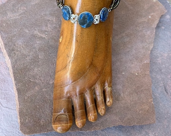3 round blue lápiz  stone anklet