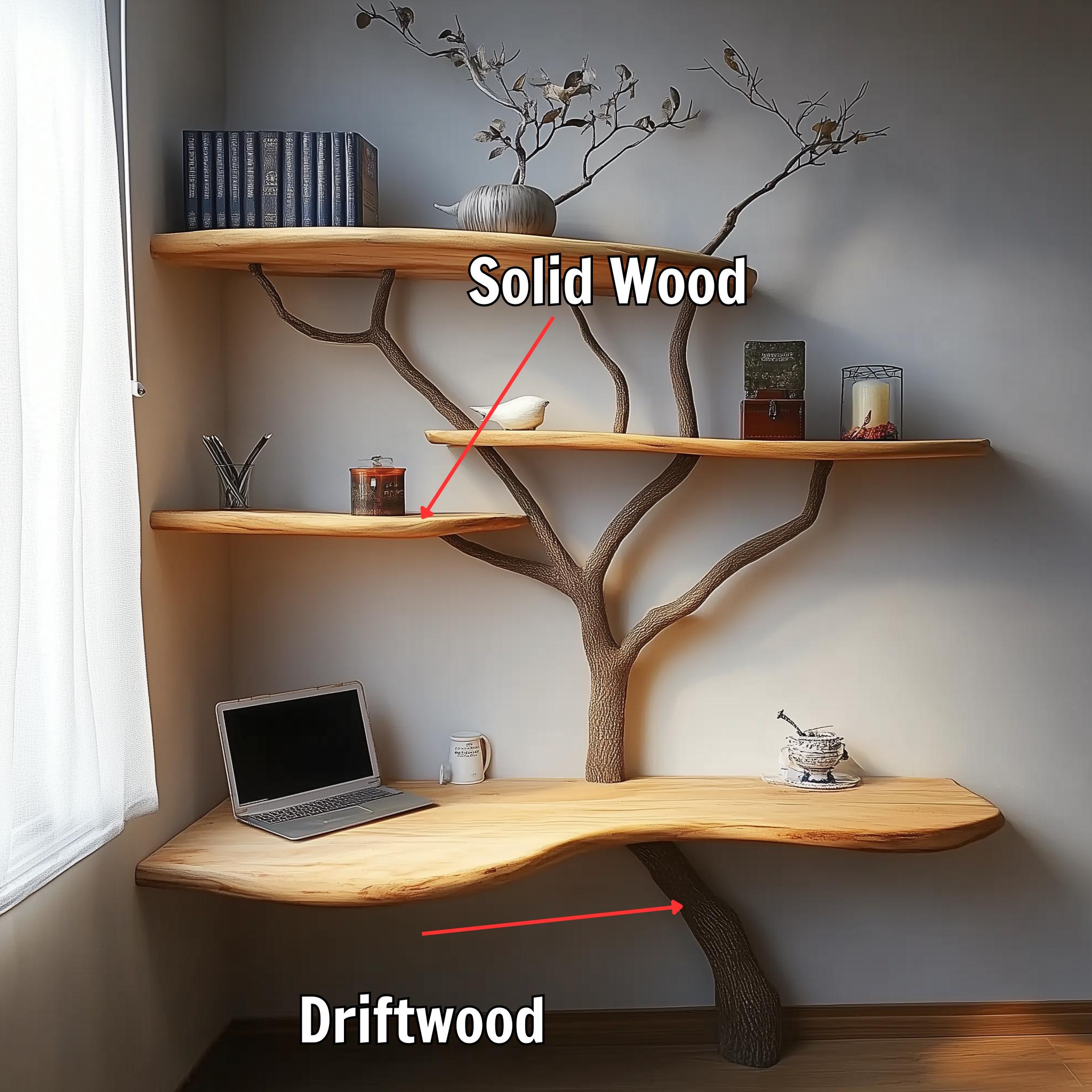 Natural Tree Corner Shelf Solid Wood Bookcase, Live Edge Wall Decor ...