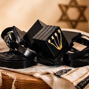 May include: Black tefillin with gold accents, featuring a Star of David in the background. The tefillin are resting on a cream-colored cloth with a decorative border. The leather straps are coiled and arranged around the tefillin.