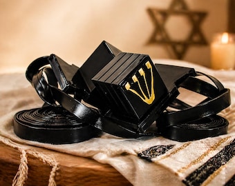 Tefillin: Jewish Prayer Phylacteries with Hebrew Amulet Scrolls. Complete Set