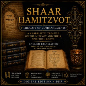 May include: A digital edition PDF of the book Shaar Hamitzvot, The Gate of Commandments, featuring a stack of four dark books, an open book with a Tree of Life diagram, and a lit candle. The text includes English translation and Rabbi Chaim Vital.
