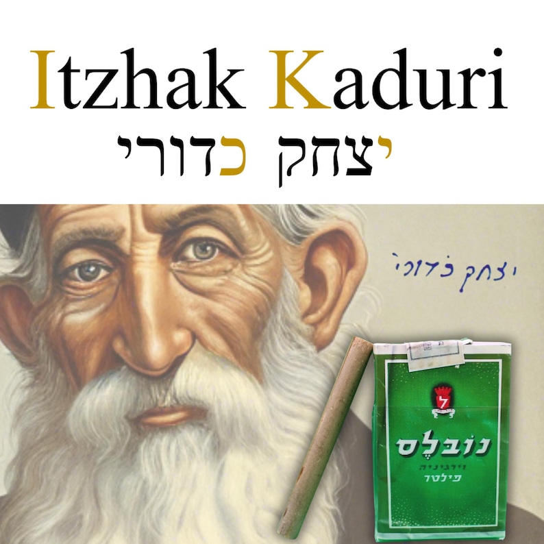Puede incluir: Ilustraci&oacute;n de un hombre con barba blanca larga y el nombre "Itzhak Kaduri" en texto dorado y negro. Un paquete de cigarrillos verde y blanco y un cigarrillo enrollado tambi&eacute;n est&aacute;n en la imagen.