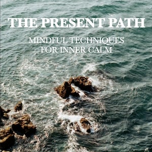 Op de afbeelding: Een boekomslag met de titel "The Present Path: Mindful Techniques for Inner Calm" in witte tekst op een blauwe en groene achtergrond met een foto van rotsen in de oceaan.