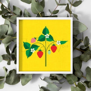Original Art, Graphic Strawberry Plant, Printable Wall Art, Mid Century Modern, Fruit, Wall Art, Nature, Kitchen, Digital Download