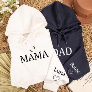 Sudadera personalizada para mamá y papá primerizos, suéter familiar de algodón, atuendo para anunciar un bebé, futura mamá, regalo para el Día de la Madre, suéter para mamá con nombres de niños