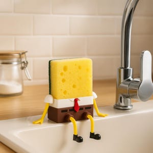 May include: A novelty kitchen sponge holder in the shape of a cartoon character. The yellow sponge has a green scrubbing surface. The holder has a brown base, white shirt, red tie, and yellow arms and legs with black shoes. It sits on the edge of a white sink.