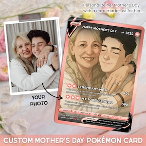 Carte-cadeau inspirée de Pokemon personnalisée fête des mères, cartes Pokemon personnalisées faites main, cadeau Pokemon entièrement personnalisable pour maman, cadeau de fête des mères