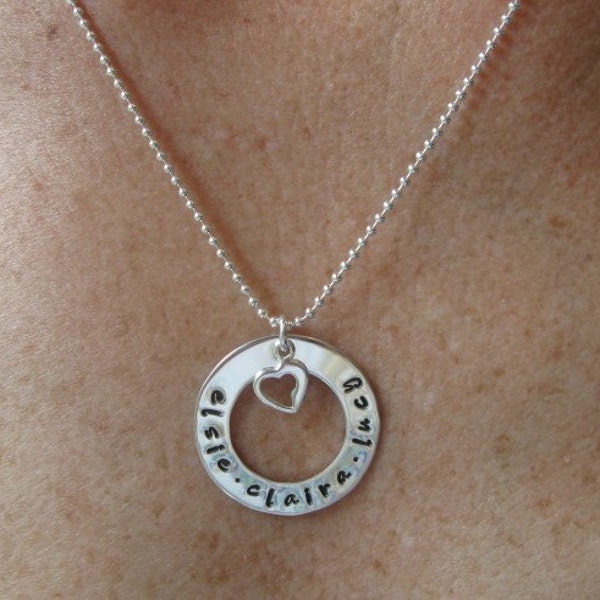 Hand stamped sterling washer necklace with hanging heart outline