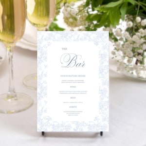 Editable Wedding Reception Bar Menu Canva Template, Printable Blue Toile Drinks Menu for Baby Shower, Bridal Shower, Rehearsal Dinner