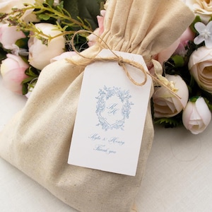 Blue Crest bruiloft gunst Tags sjabloon met monogram, bewerkbare elegante bedankje cadeaukaartjes, afdrukbare minimale bruiloft douche cadeaulabels, C1