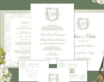 Editable Greenery Toile Wedding Invitation Suite Canva Template, Elegant Floral Crest Wedding Template Bundle, F1