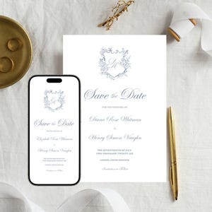 Plantilla editable de escudo de boda con monograma para guardar la fecha, invitación electrónica de boda azul clásica personalizada, invitación de boda de estilo Regencia imprimible, F1