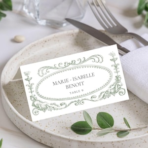 Elegante modelo de cartão de lugar de casamento e cartão de tenda editável Canva, tenda com borda ornamentada neoclássica e cartão de lugar plano, download instantâneo