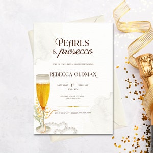 Modèle d'Invitation modifiable pour shower de mariage perles et prosecco, noeud de perles pétales, mariage shower de mariage, invitation numérique
