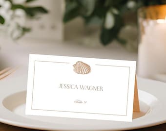Editable Sand Seashells Wedding Place Card and Tent Card Canva Template, Printable Beach Wedding Reception Dinner Table Decoration, SS