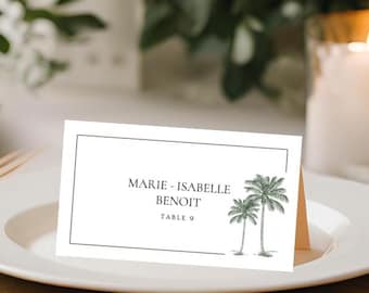 Editable Beach Wedding Place Card Canva Template, Printable Tropical Palm Tree Reception Table Deco, Instant Download, P1