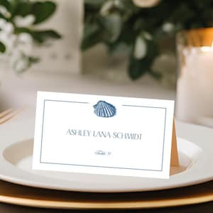 Plantilla editable de Canva para tarjeta de lugar y de carpa para boda con conchas marinas, tarjeta imprimible para cena de recepción de boda en la playa, descarga instantánea, SS