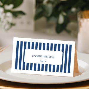 Editable Navy Nautical Stripe Seating Place Card, Tent Card Canva Template For Beach Wedding Reception Dinner, Bridal Shower, Birthday, SS