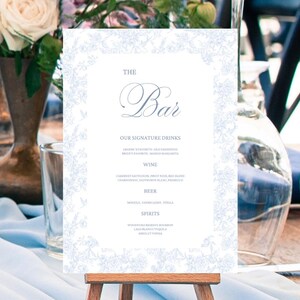 Editable Wedding Reception Bar Menu Canva Template, Printable Blue Toile Drinks Menu for Baby Shower, Bridal Shower, Rehearsal Dinner