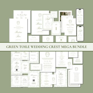 Editable Green Toile Monogram Crest Wedding Mega Bundle Canva Template, Custom Printable Classic Chinoiserie Wedding Essentials Bundle, C1