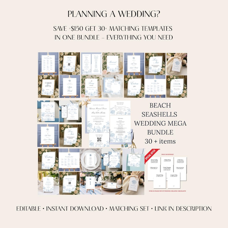 Editable Blue Seashells Bar Menu Canva Template, Printable Beach Event ...