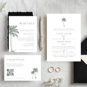 Bearbeitbare tropische Palmen Hochzeitseinladungs-Vorlage, druckbare Hochzeitseinladungs-Set für den Küstenstrand, sofortiger Download, Canva, P1