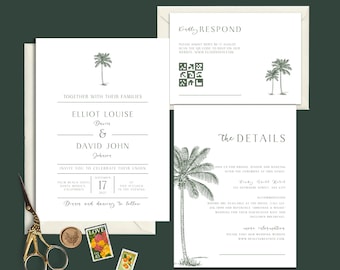 Editable Tropical Palm Trees Wedding Invitation Suite Template, Printable Coastal Beach Wedding Invitation Set, Instant Download, Canva, P1
