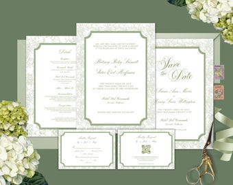 Editable Green Chinoiserie Wedding Invitation Suite Canva Template, Printable Floral Toile Save The Date Full Set Invite, F1