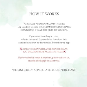 May include: A white background with green watercolor accents and black text. The text explains how to download a file after purchase, starting with "HOW IT WORKS". It includes a warning about Apple Private Relay.