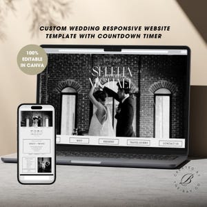 May include: A black and white photo of a couple dancing on a wedding website template. The website is customizable and includes a countdown timer. The text on the website reads "07.07.2027 Selelia Michael RSVP Registry Travel Guides Contact Us".