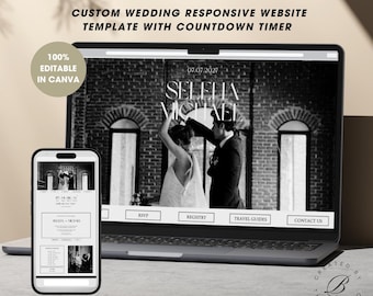 May include: A black and white photograph of a couple dancing on a wedding website template. The website is customisable and includes a countdown timer. The text on the website reads "07.07.2027 Selelia Michael RSVP Registry Travel Guides Contact Us".