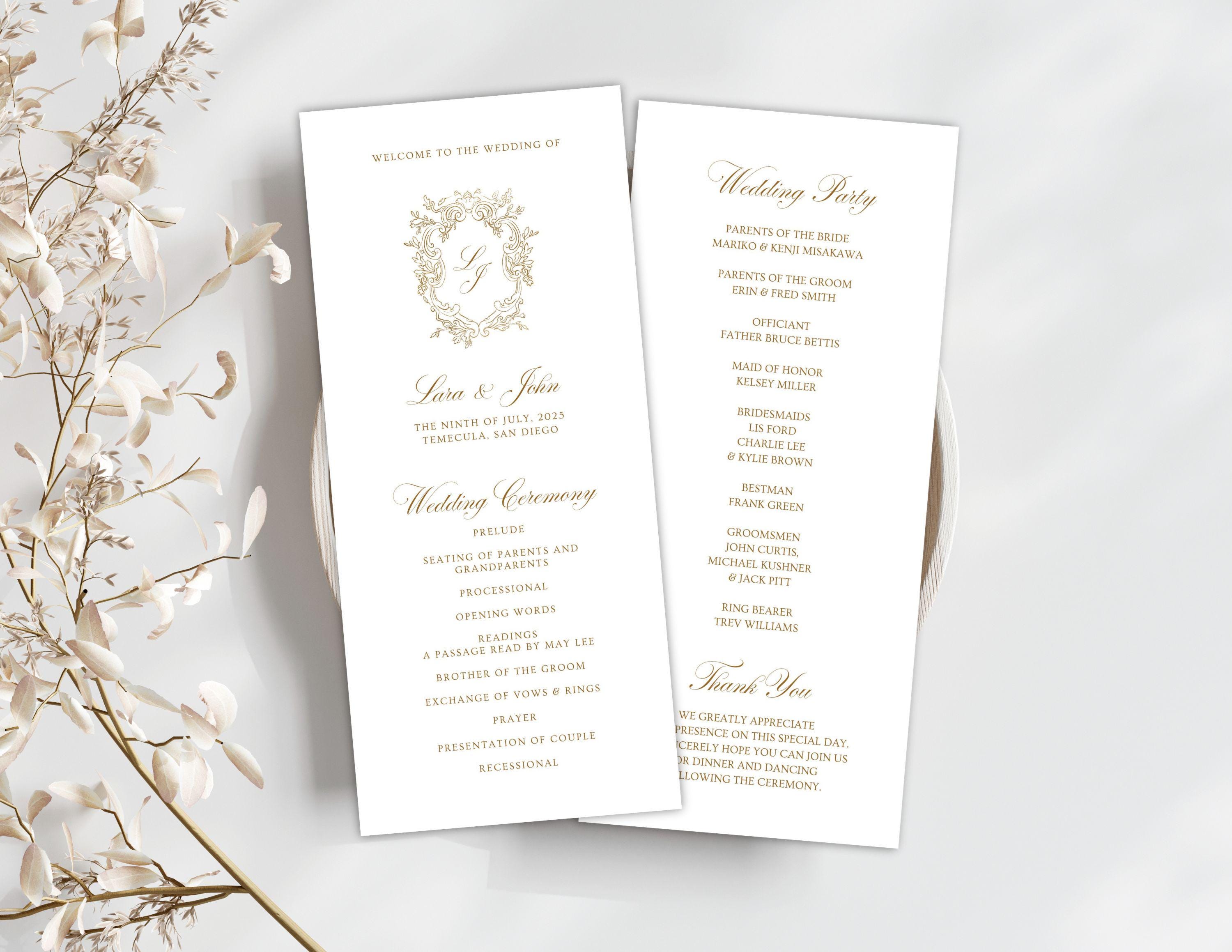 Editable Wedding Program Card Canva Template, Vintage Golden Brown ...