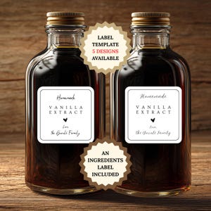 編集可能な自家製バニラエキスのギフトボトルラベルCanvaテンプレート、ホリデーギフトボトルラベル用の印刷可能なミニマルな正方形ボトルステッカー