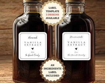 Editable Homemade Vanilla Extract Favor Bottle Labels Canva Template, Printable Minimal Square Bottle Sticker For Holidays Gift Bottle Label