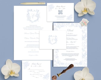 Editable Blue Wedding Crest With Monogram Invite Suite Template, Toile Wedding Invitation Suite, Printable Regency Wedding Invitations, F1