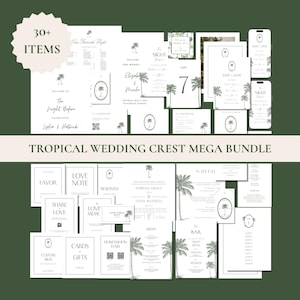 Editable Green Tropical Palm Trees Wedding Bundle Canva Template, Custom Wedding Logo, Printable Minimal Beach Wedding Essentials Bundle, P1