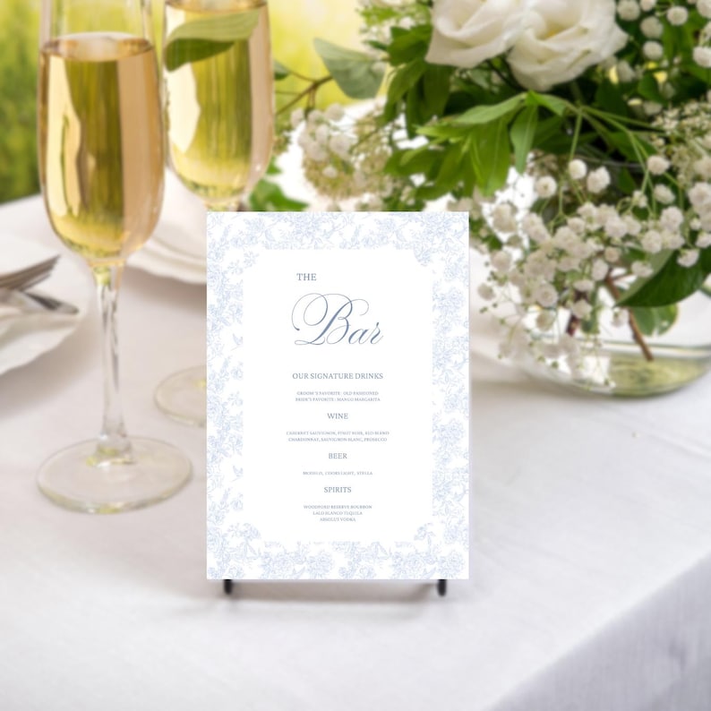 Editable Wedding Reception Bar Menu Canva Template, Printable Blue Toile Drinks Menu for Baby Shower, Bridal Shower, Rehearsal Dinner