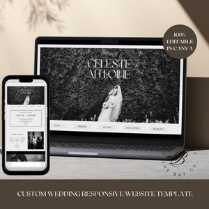 Plantilla editable en Canva para sitio web de boda minimalista, sitio web de confirmación de asistencia monocromático, elegante y personalizado, invitación digital de boda