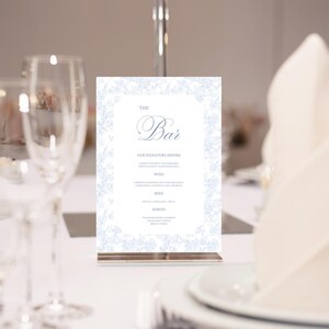 Editable Wedding Reception Bar Menu Canva Template, Printable Blue Toile Drinks Menu for Baby Shower, Bridal Shower, Rehearsal Dinner