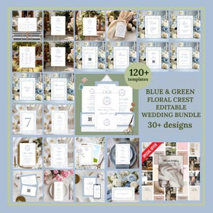 Editable Floral Crest Wedding Mega Bundle Canva Template, Blue Chinoiserie Wedding Essentials Bundle, C3